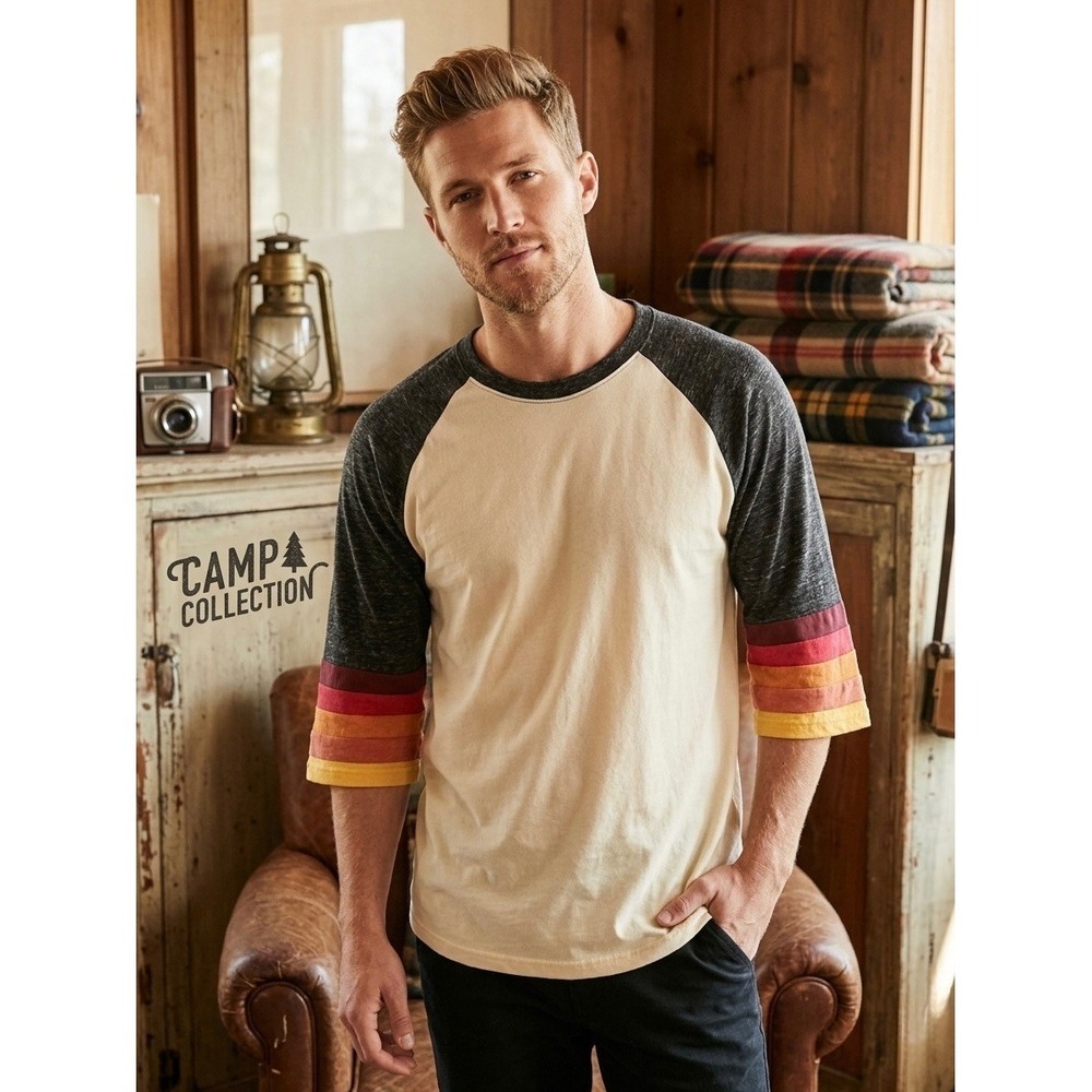 Camp Collection Retro Rainbow Stripe Raglan 3/4 Sleeve Baseball Tee 3XL New